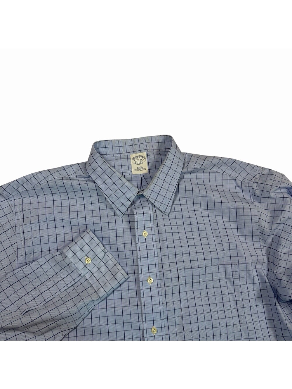 Brooks Brothers Mens 17.5-35 Blue Plaid Non-Iron Slim Fit  Long Sleeve Button Up